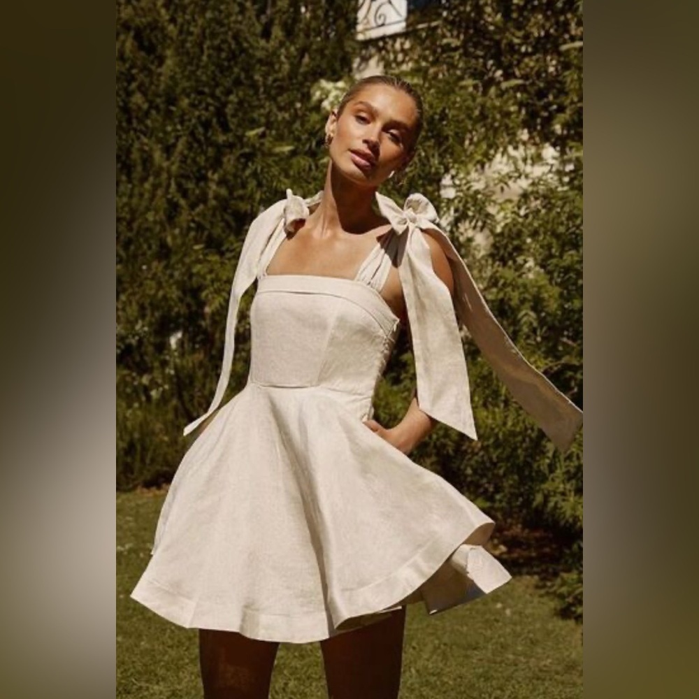 DISSH AISLE LINEN BOW‎ MINI DRESS WHITE, SIZE 4